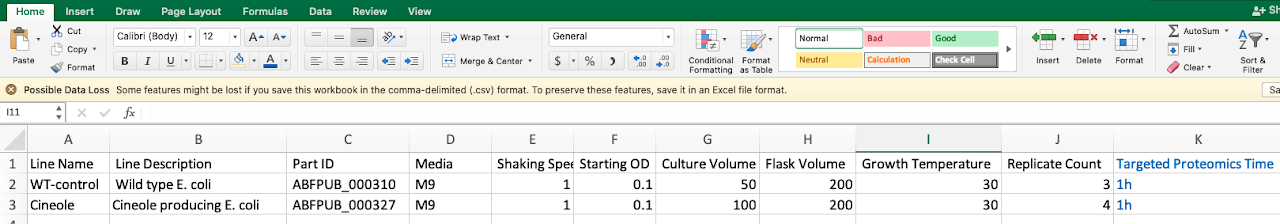 Screenshot of Excel with an Experiment Description file