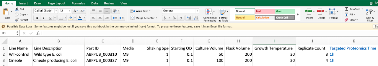 Screenshot of Excel with an Experiment Setup file